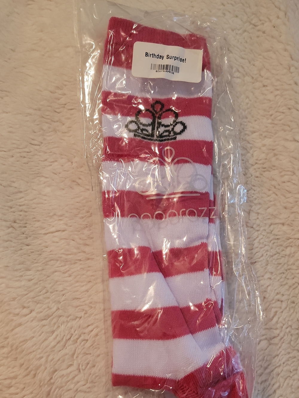 Paparazzi Striped Pink and White Knee Socks with Crown Logo Brand New In Package